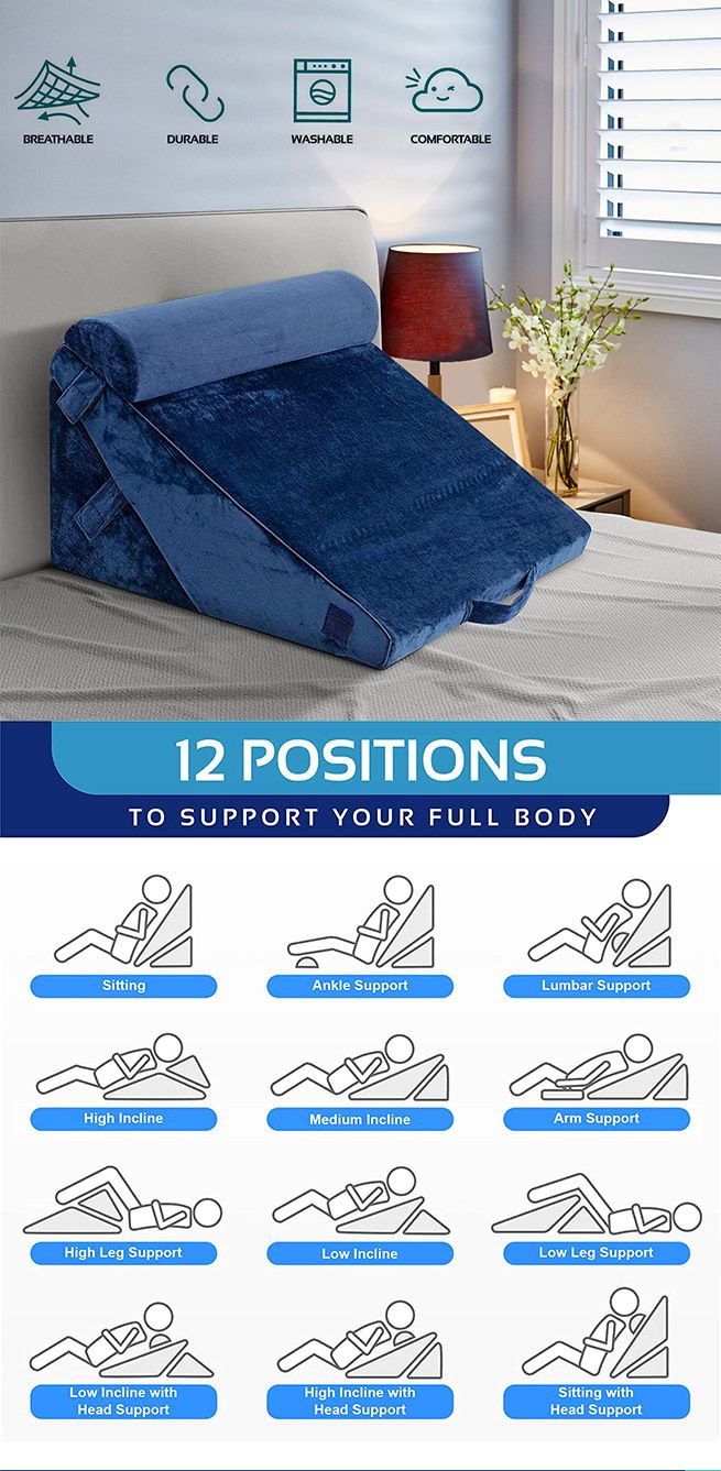 Wedge Pillow Set Triangle Memory Foam Bed Cushion Back and Head Support Adjustable Navy Blue