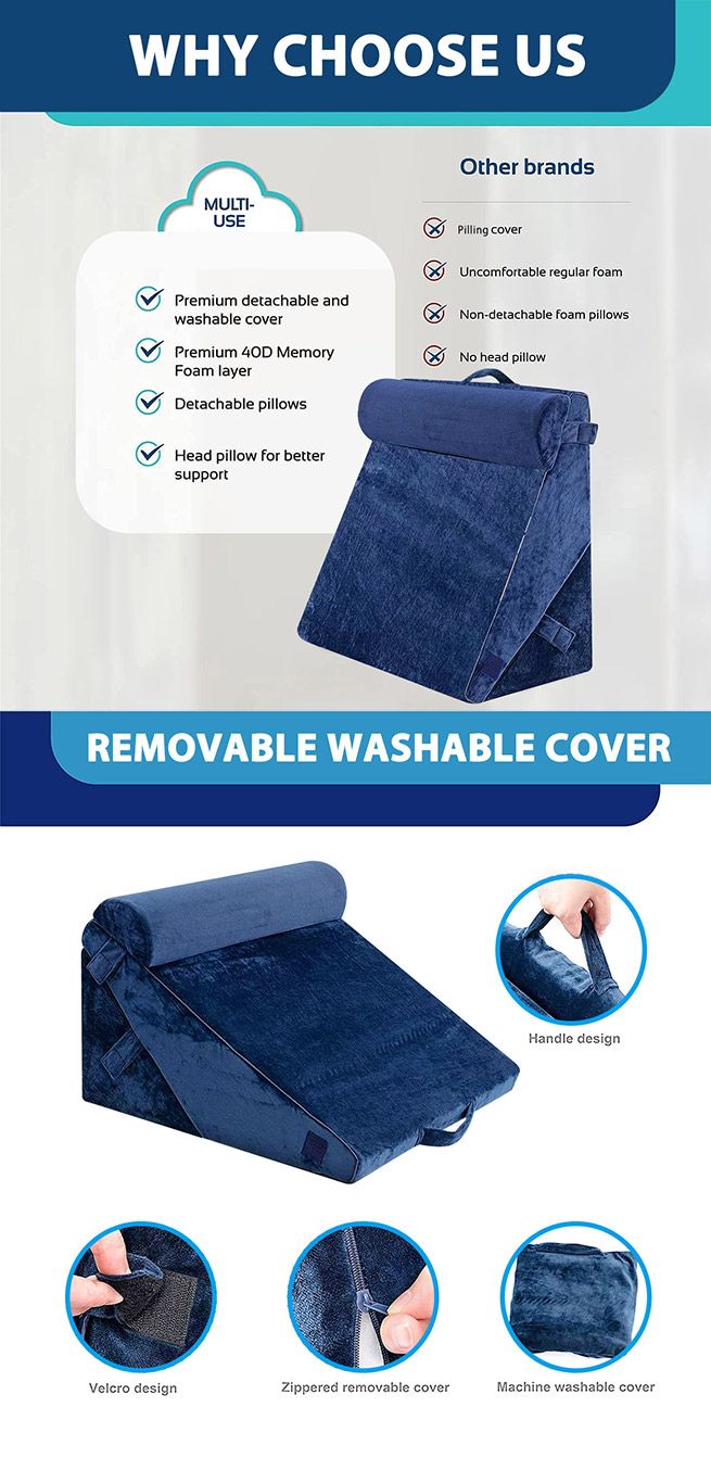 Wedge Pillow Set Triangle Memory Foam Bed Cushion Back and Head Support Adjustable Navy Blue