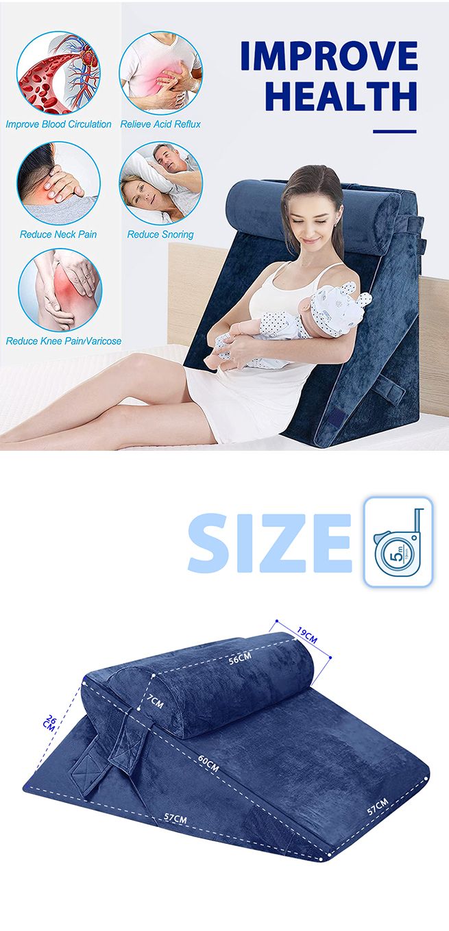 Wedge Pillow Set Triangle Memory Foam Bed Cushion Back and Head Support Adjustable Navy Blue