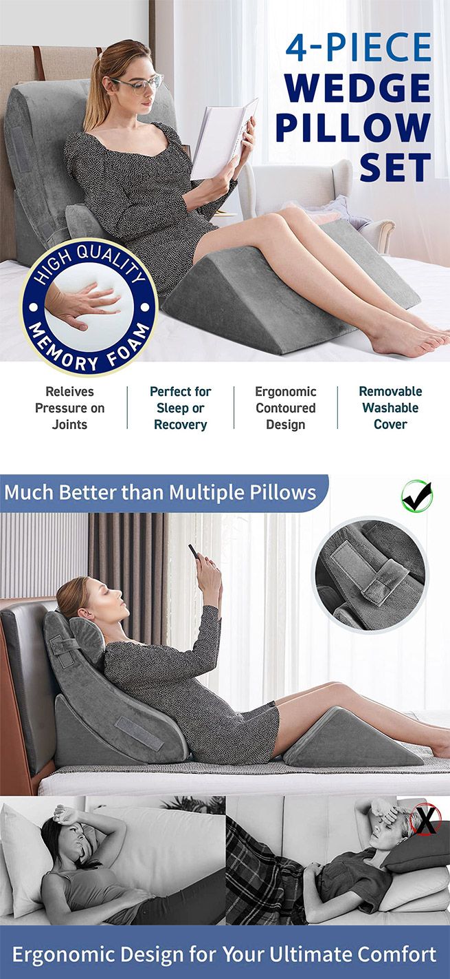 4 Pcs Wedge Pillow Set Memory Foam Bed Cushion Back and Head Support Adjustable Gray