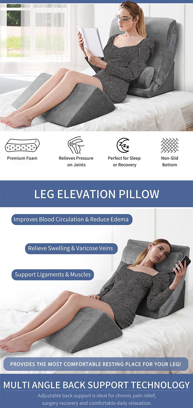 4 Pcs Wedge Pillow Set Memory Foam Bed Cushion Back and Head Support Adjustable Gray