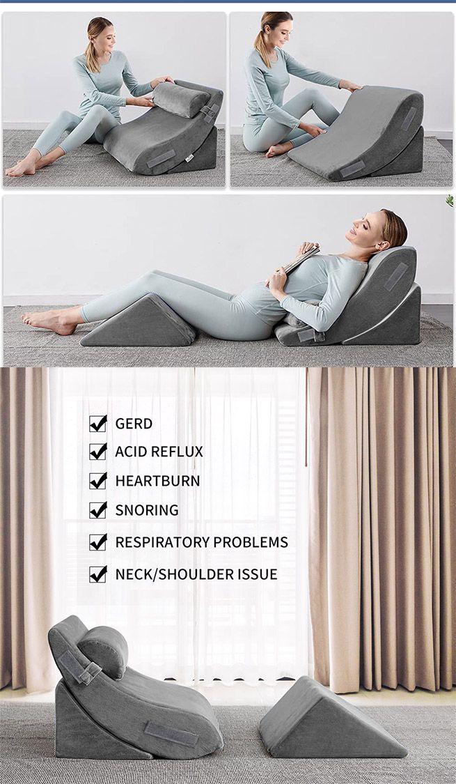 4 Pcs Wedge Pillow Set Memory Foam Bed Cushion Back and Head Support Adjustable Gray