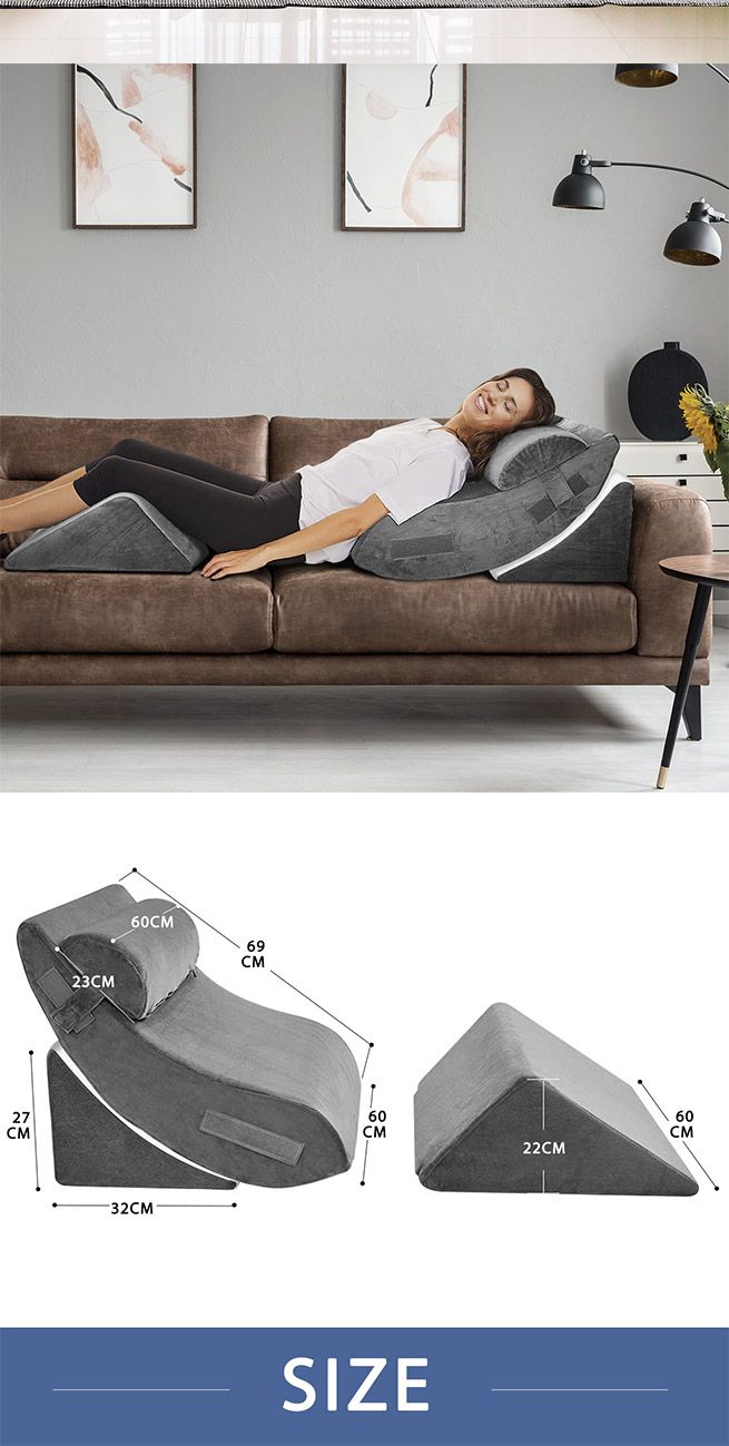 4 Pcs Wedge Pillow Set Memory Foam Bed Cushion Back and Head Support Adjustable Gray