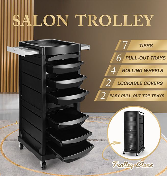 Salon Storage Trolley Tool Cart Hairdressing Furniture Rolling on Wheels 7 Tiers 6 Trays
