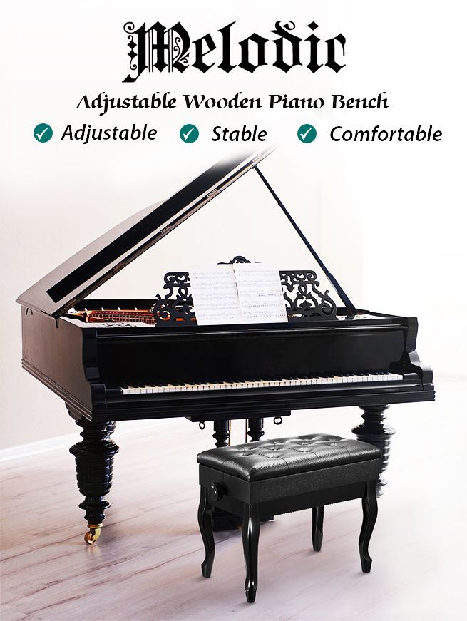 Melodic Piano Stool Adjustable Wood Chair Keyboard Bench with Storage Bent Leg Black