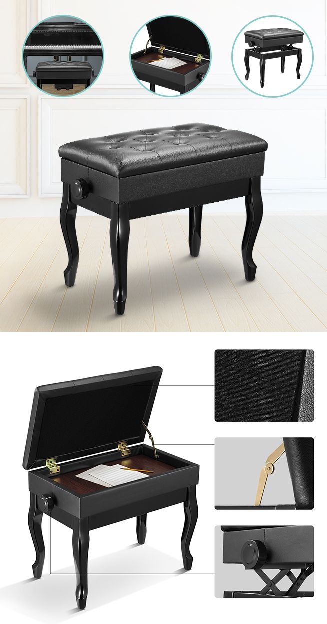 Melodic Piano Stool Adjustable Wood Chair Keyboard Bench with Storage Bent Leg Black
