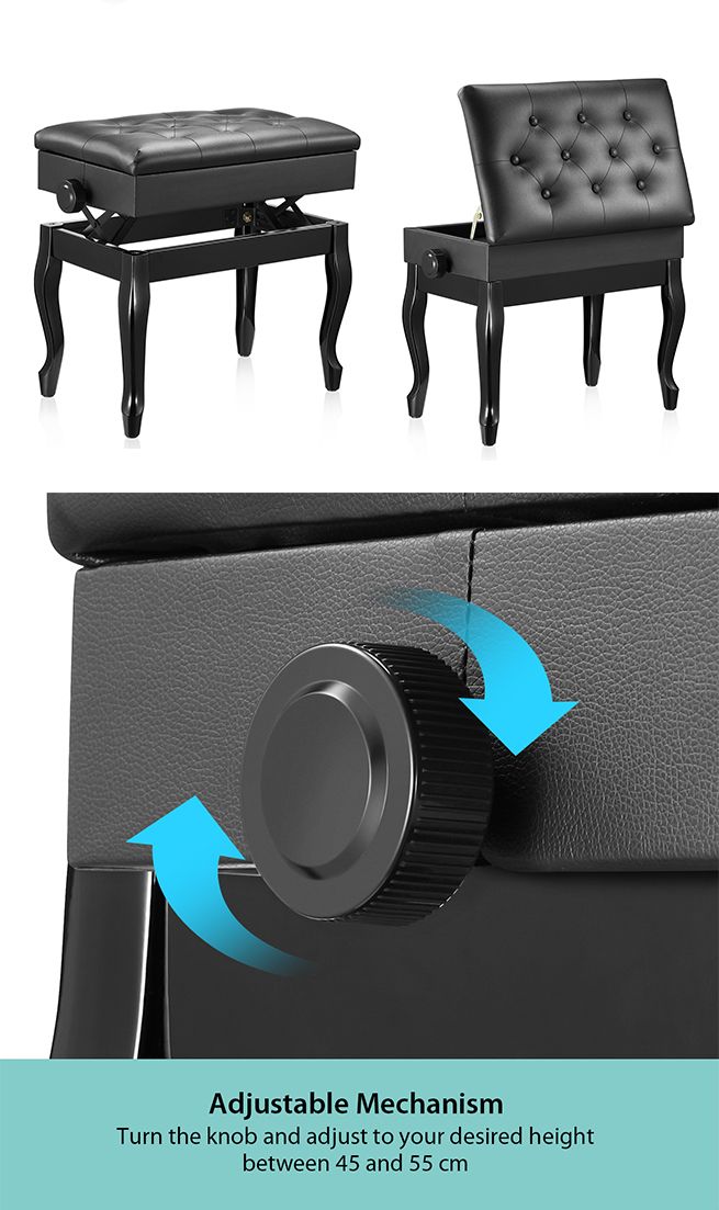 Melodic Piano Stool Adjustable Wood Chair Keyboard Bench with Storage Bent Leg Black