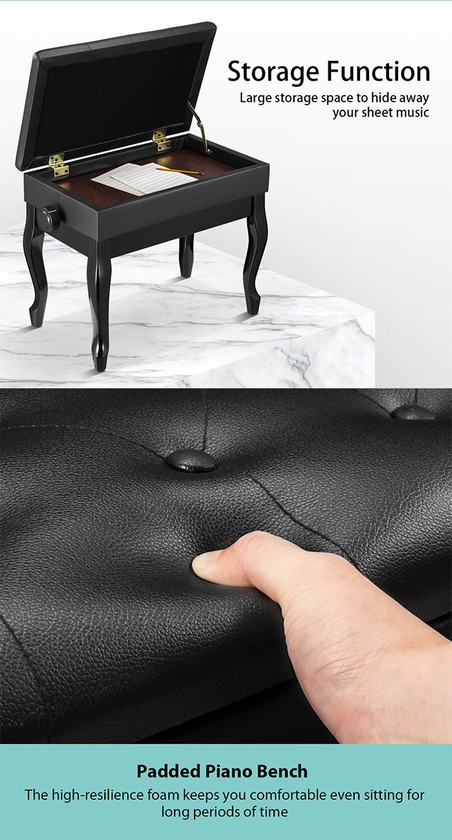 Melodic Piano Stool Adjustable Wood Chair Keyboard Bench with Storage Bent Leg Black