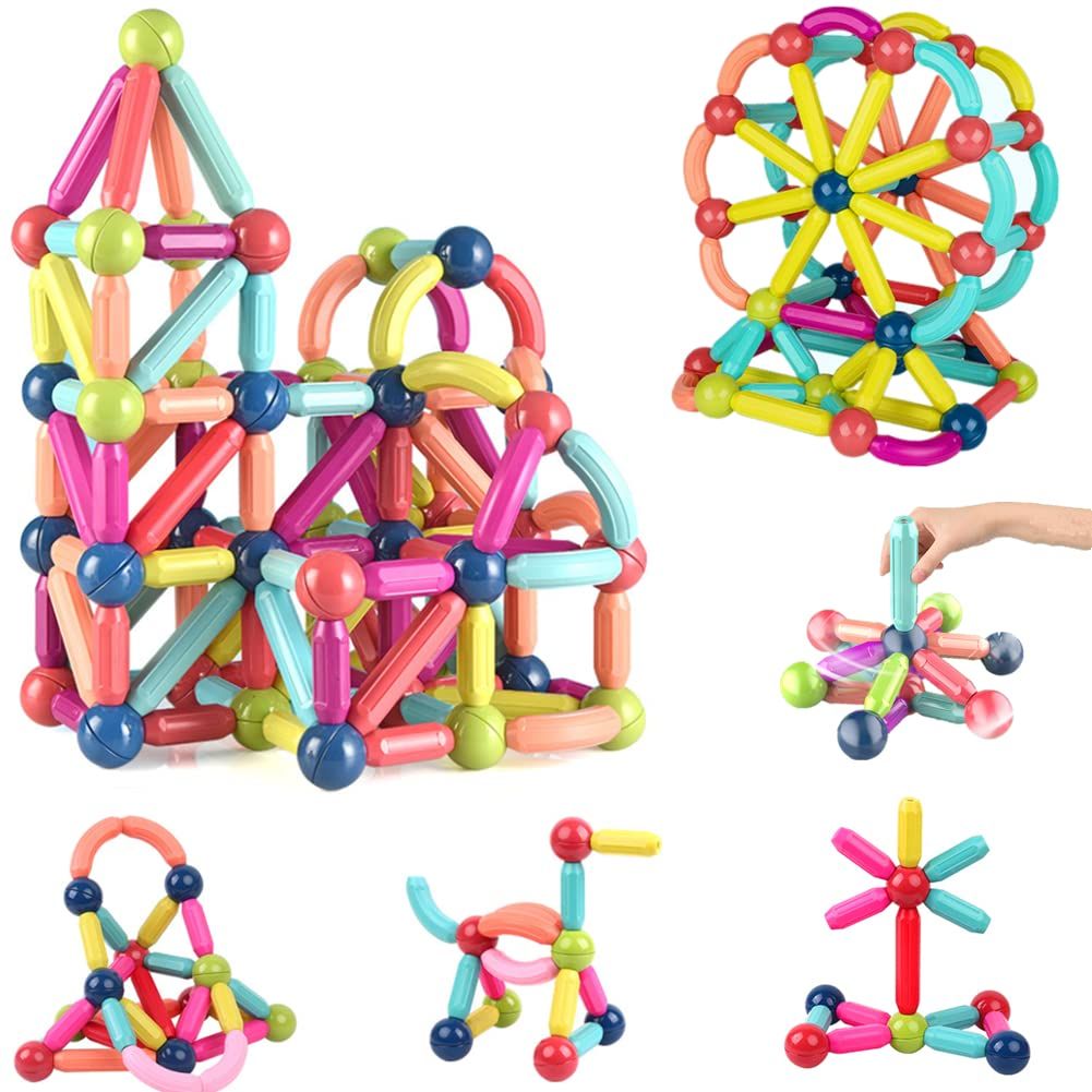 64Pcs Magnetic Balls and Rods Building Sticks Blocks Set Vibrant Colors Different Sizes Curved Shapes Children Educational Stacking STEM Magnet Toys