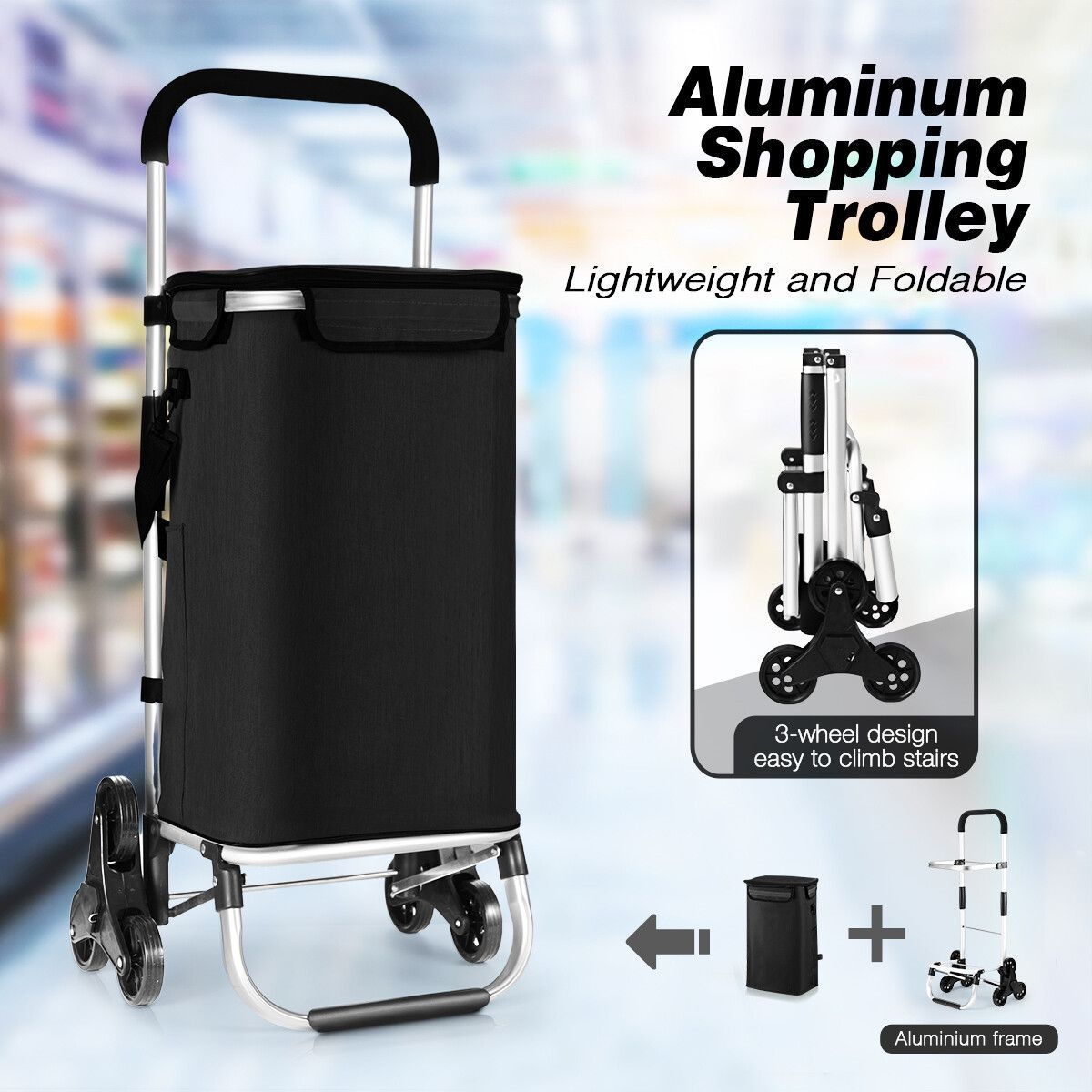 Multi Terrain Shopping Cart Foldable Trolley Grocery Bag Waterproof Aluminium Tri-Wheel Black