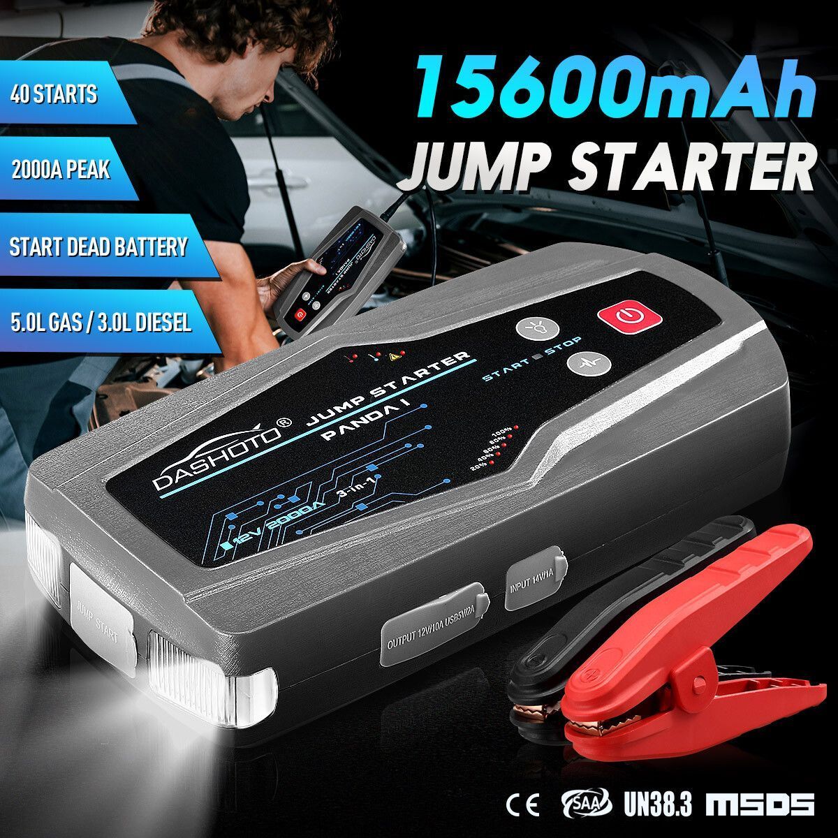 2000A Peak 15600mAh Portable Jump Starter Power Bank Car Battery Charger Booster 12V