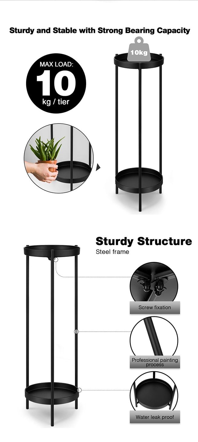 80CM High Plant Stand Metal Flower Pots Shelf Indoor Outdoor Corner Black Planter Holder Rack