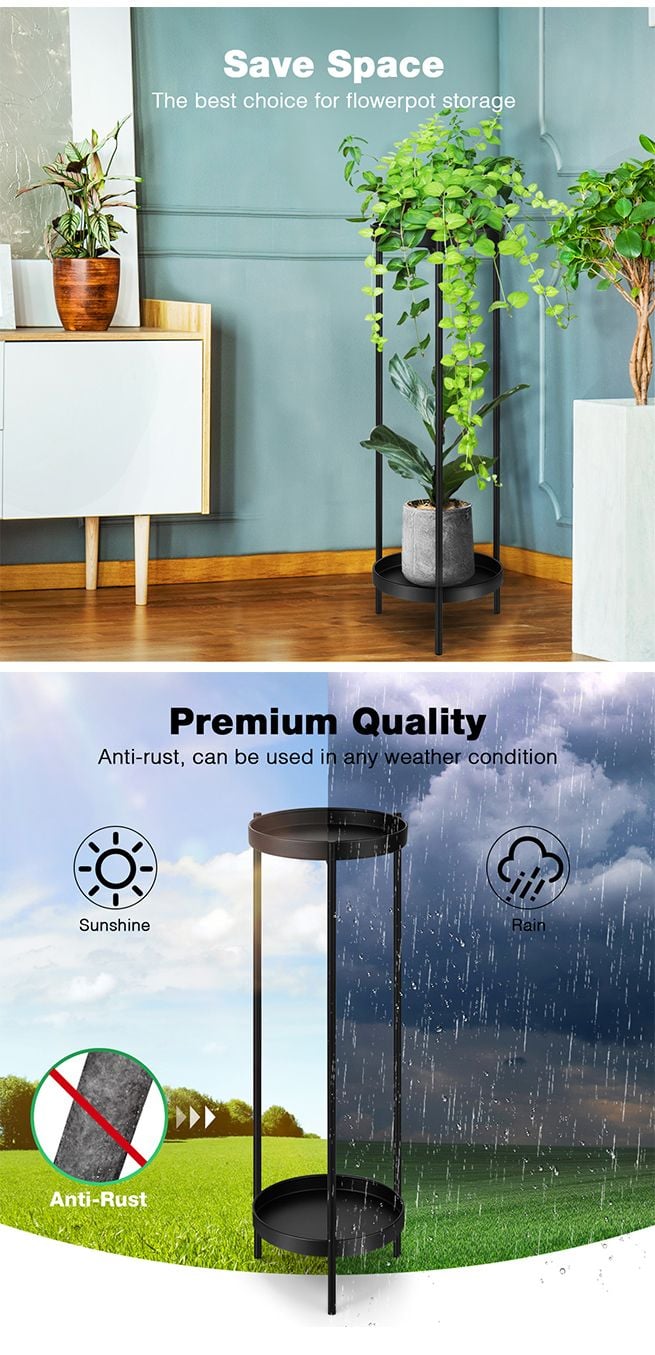 80CM High Plant Stand Metal Flower Pots Shelf Indoor Outdoor Corner Black Planter Holder Rack