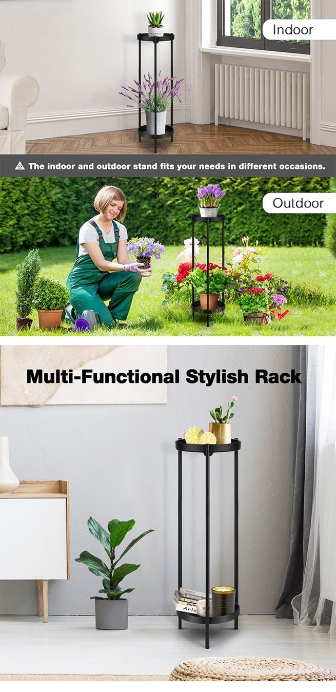 80CM High Plant Stand Metal Flower Pots Shelf Indoor Outdoor Corner Black Planter Holder Rack