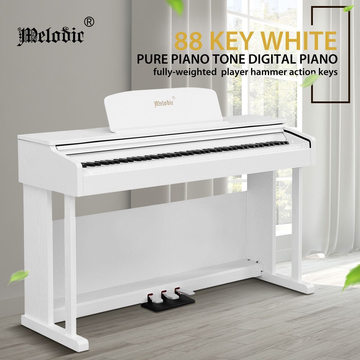 Melodic 88 Key Digital Piano Weighted Keyboard Hammer Action with Sliding Cover White