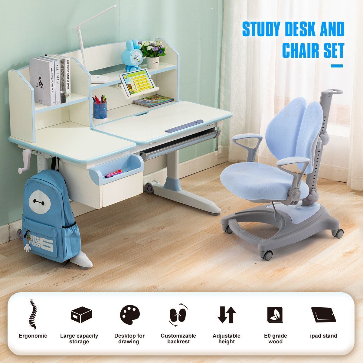 Blue Ergonomic Children Kids Study Desk and Chair Set Height Adjustable Storage Shelf Drawer