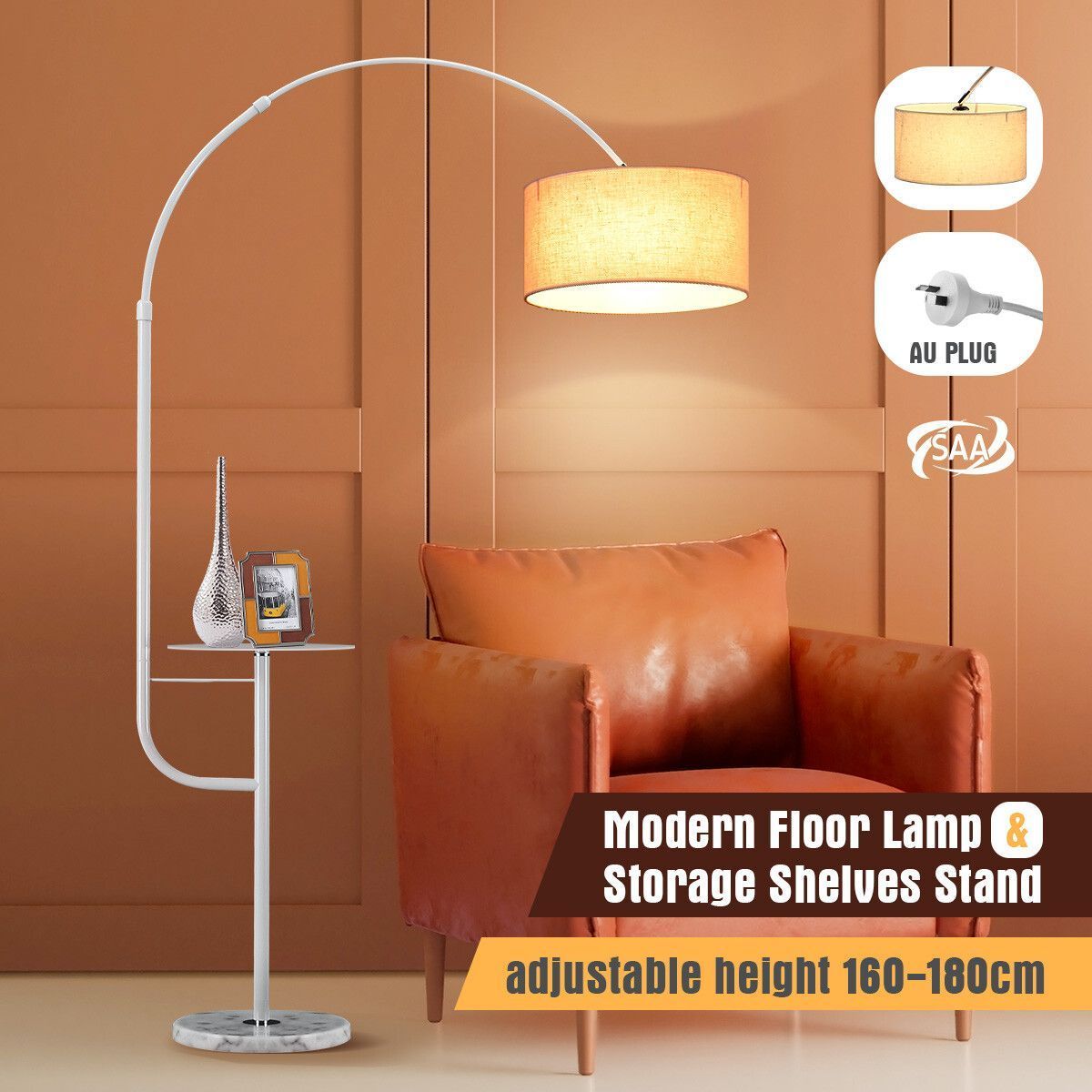 Adjustable LED Floor Lamp Arc Standing Reading Light Storage Shelf Living Room Bedroom White