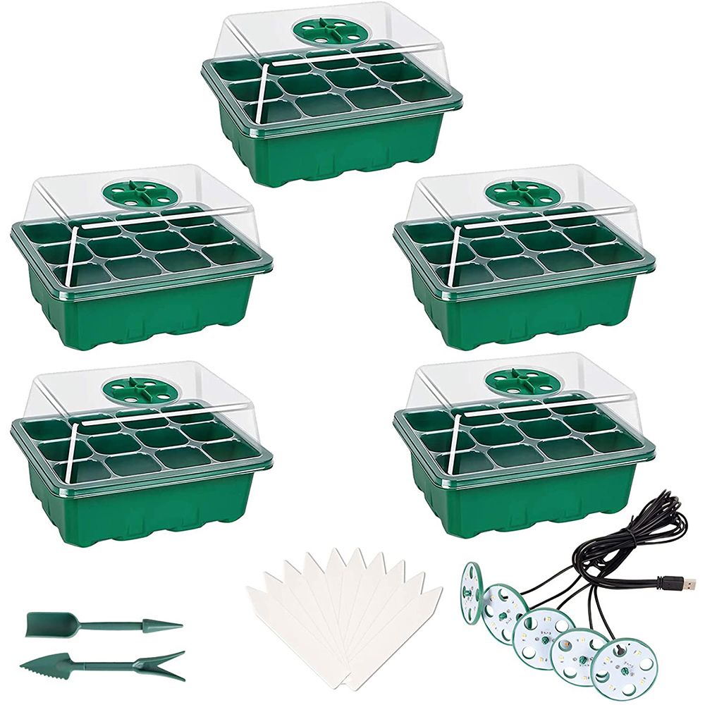 5 Pack 12 Cells Per Tray Seedling Tray Kit With Dome and Light,Seed Starter Tray Grow Trays