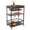 Rolling Bar Cart Mobile Drinks Coffee Tea Serving Trolley Wine Rack Glass Holder Removable Top Tray Brown