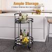 Round Black Bar Cart Mobile Drinks Serving Trolley Tea Coffee Wine Rolling Trolly 4 Wheels 2 Trays Metal Mirrored Glass Top