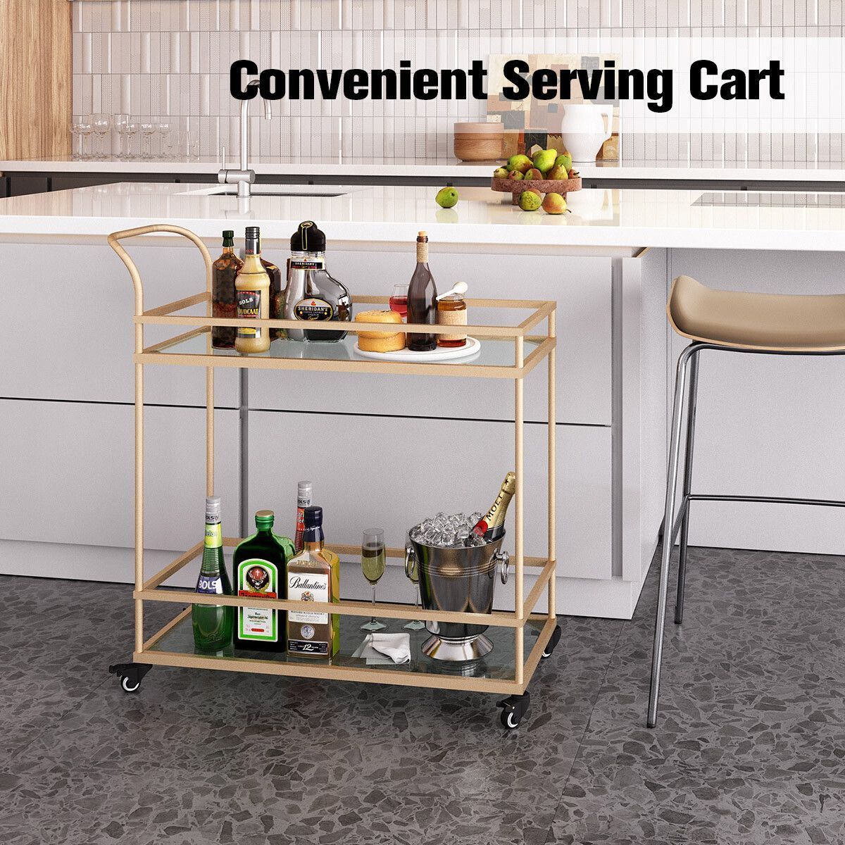 Gold Bar Cart Drinks Rolling Trolley Coffee Tea Wine Cocktail Mobile Trolly Glass Shelves Lockable Wheels