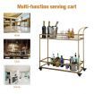 Gold Bar Cart Drinks Rolling Trolley Coffee Tea Wine Cocktail Mobile Trolly Glass Shelves Lockable Wheels