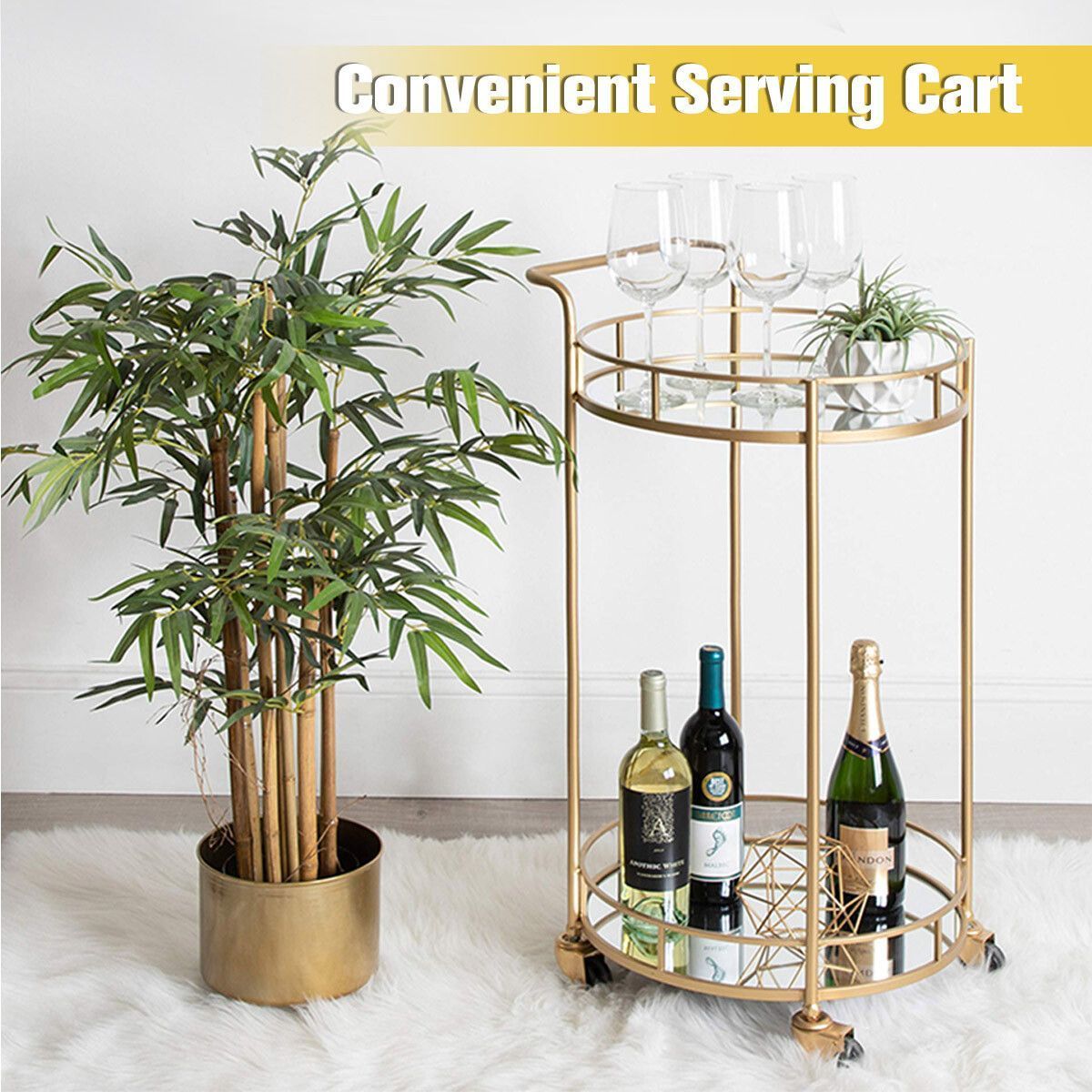 Round Gold Bar Cart Rolling Serving Drinks Metal Trolley Tea Wine Coffee Mobile Trolly 4 Wheels 2 Trays Mirrored Glass Top