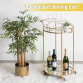 Round Gold Bar Cart Rolling Serving Drinks Metal Trolley Tea Wine Coffee Mobile Trolly 4 Wheels 2 Trays Mirrored Glass Top