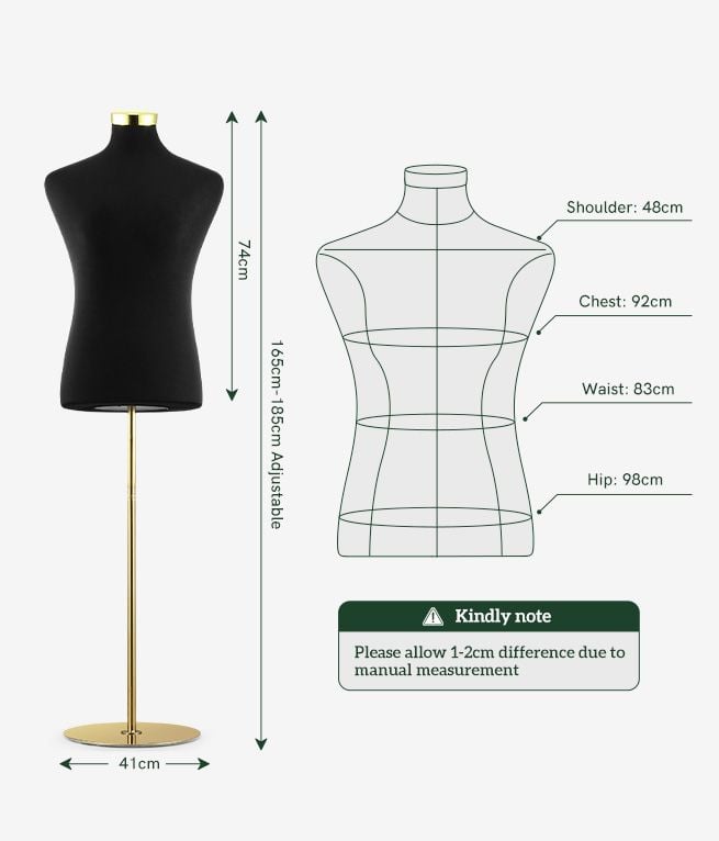 Male Mannequin Torso Dress Form Display Stand Dummy Manikin Dressmakers Metal Base 165-185cm Black