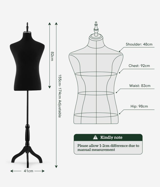 Male Mannequin Dress Form Torso Dressmakers Dummy Manikin Display Stand Tripod Base 155-174cm Black