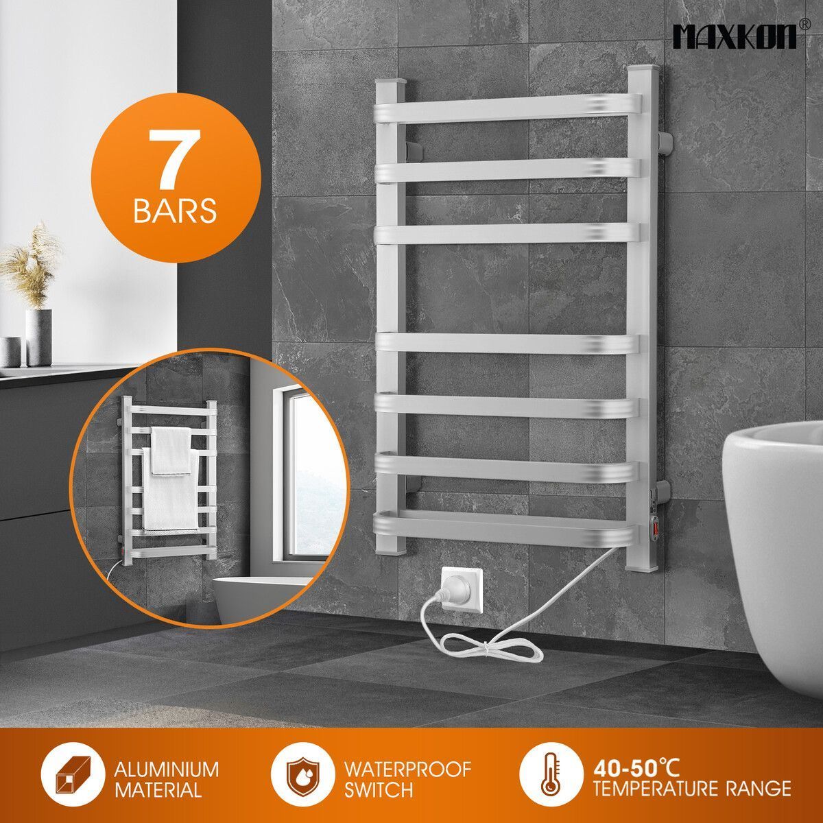 Maxkon Electric Heated Towel Warmer Rail Rack Wall Mounted Bathroom Hanger 140W Aluminium Alloy