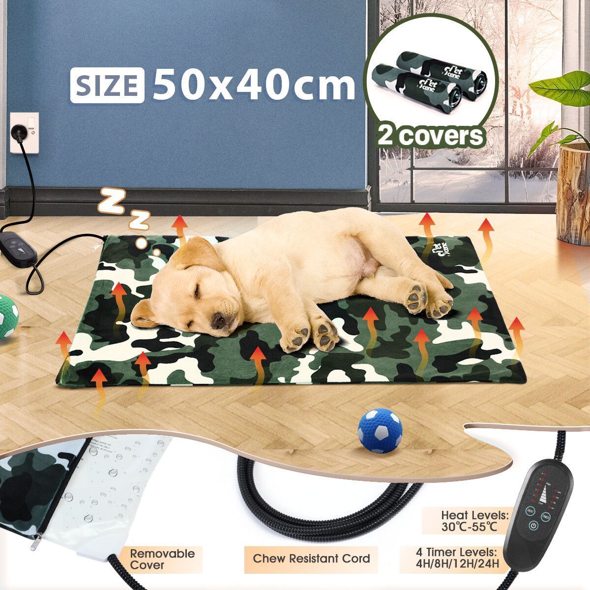Electric Pet Heat Pad Heating Heated Mat Blanket Dog Cat Bed Thermal Protection Timer 50x40cm with 2 Cloth Covers