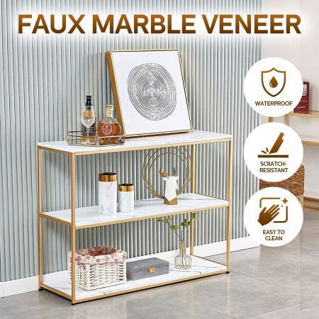 Gold Console Sofa Table End Side Faux Marble Rectangular TV Console Stand Entryway Shelf 3 Tiers Metal Frame