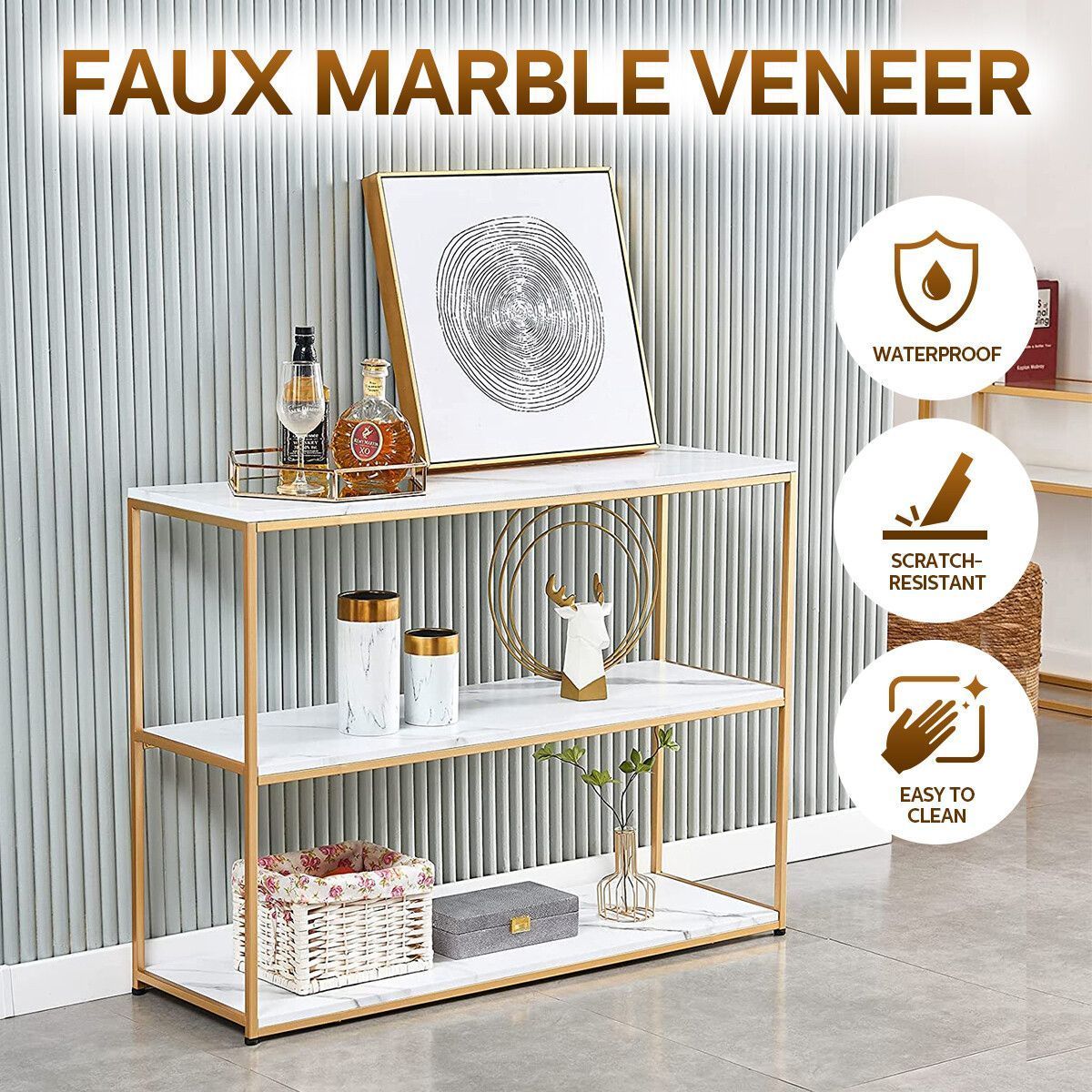 Gold Console Sofa Table End Side Faux Marble Rectangular TV Console Stand Entryway Shelf 3 Tiers Metal Frame