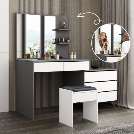 Dressing Table Stool Set Vanity Makeup Desk Chair Mirror Jewellery Storage Organiser Drawers