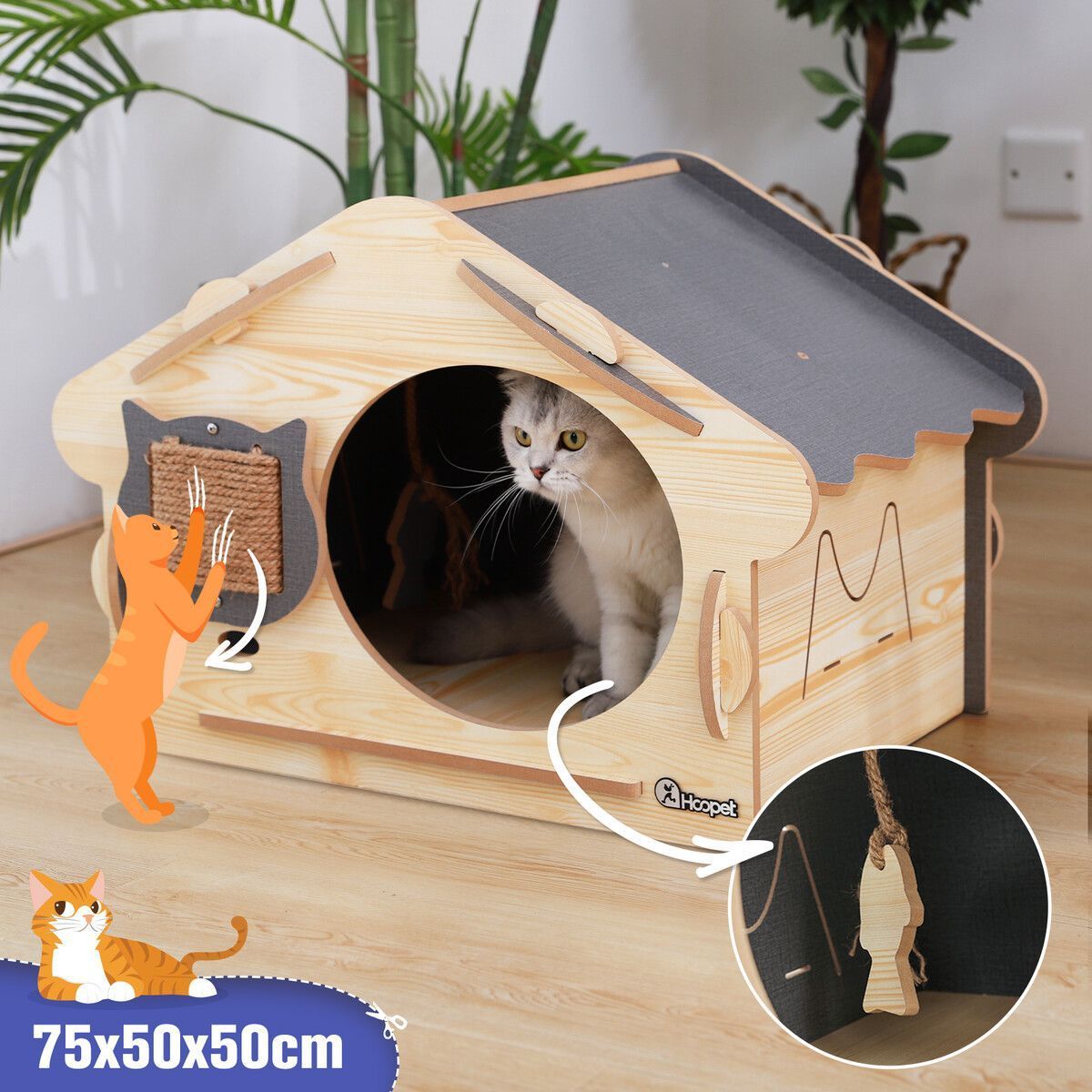 Large Wooden Cat House Indoor Condo Durable Kitty Scratching Furniture for Cats Rabbit
