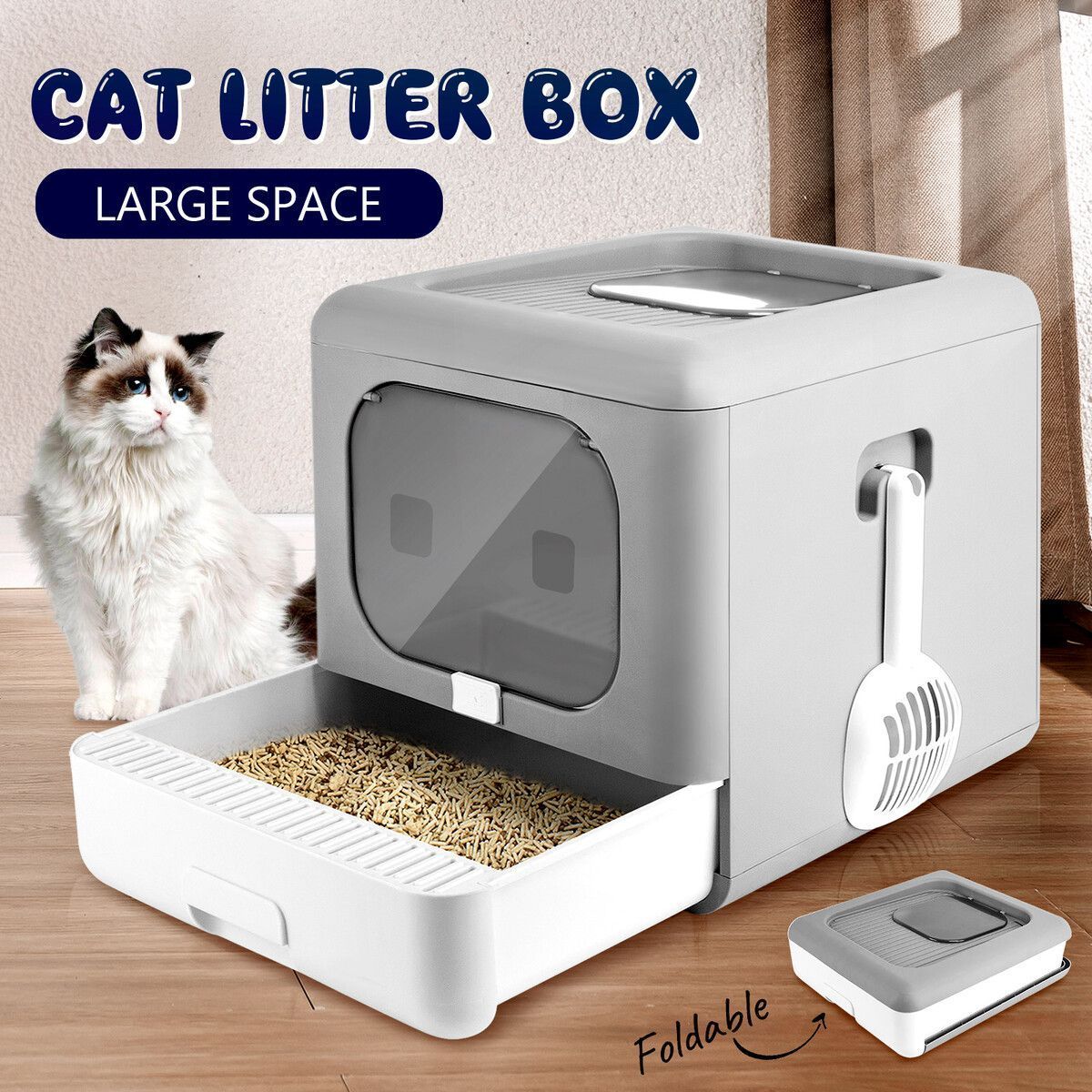 Cat Litter Tray Box Kitty Covered Hooded Enclosed Large Pet Toilet Top Entry Furniture Foldable Gray