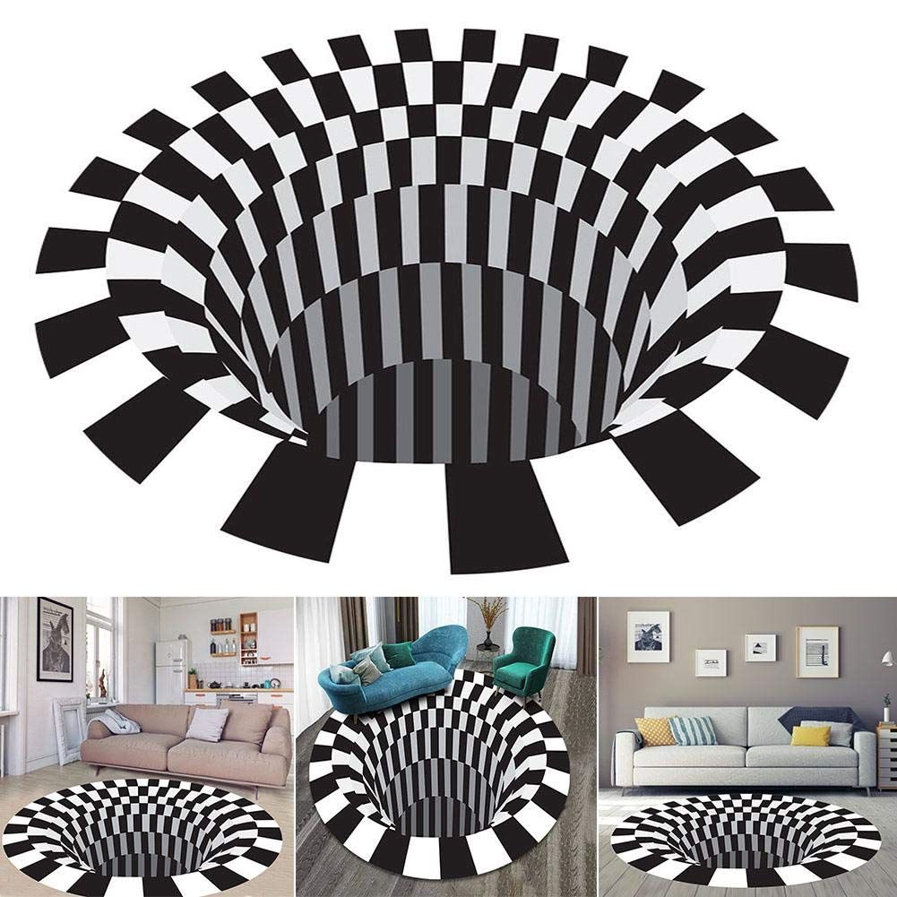 3D Illusion Rug Round Carpet,Checkered Optical Illusions Non Slip Area Rug,Carpet Mat Floor Mat, Black White Rugs Non-Woven Doormat Rug for Bedroom Living Room Office Diameter 80cm