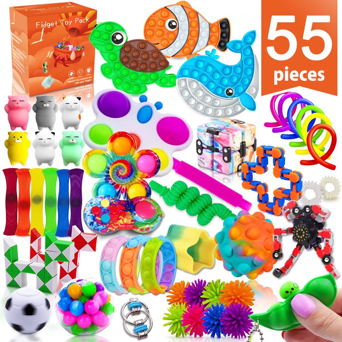 55Pcs Popitsfidgets Fidget Toys, Fidget Poppers Toy Pack Push Pop Bubble Pop Set It Figits Package Fidget Spinners Pop Tube Sensory Toys for Autistic ADHD Kids Girls