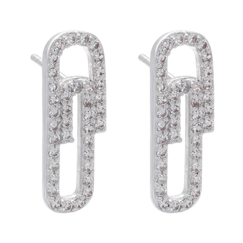 Iced Out Paper Clip Stud Earrings Gold Silver Jewelry - silver