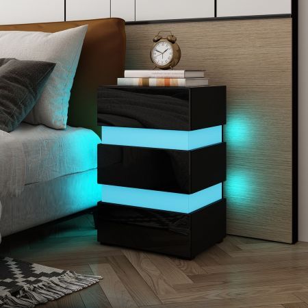 Modern Black High Gloss Front Nightstand Cabinet Bedside Tables with 3 ...