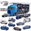 10 in 1 Police Transport Truck, Mini Die-Cast Plastic Play Vehicle in Carrier Car Toy Set