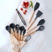 Kitchen Cooking Utensils Set, 13 pcs Non-stick Silicone Cooking Kitchen Utensils Spatula Set with Holder, Wooden Handle Silicone Kitchen Gadgets Utensil Set (Black Gray)