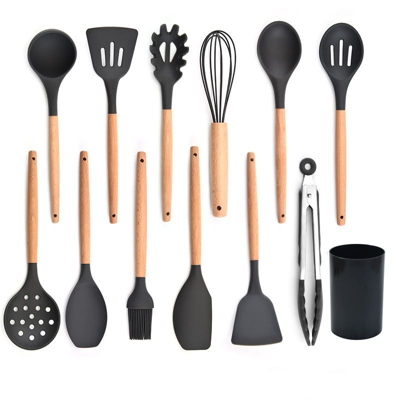 Kitchen Cooking Utensils Set, 13 pcs Non-stick Silicone Cooking Kitchen Utensils Spatula Set with Holder, Wooden Handle Silicone Kitchen Gadgets Utensil Set (Black Gray)