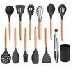 Kitchen Cooking Utensils Set, 13 pcs Non-stick Silicone Cooking Kitchen Utensils Spatula Set with Holder, Wooden Handle Silicone Kitchen Gadgets Utensil Set (Black Gray)