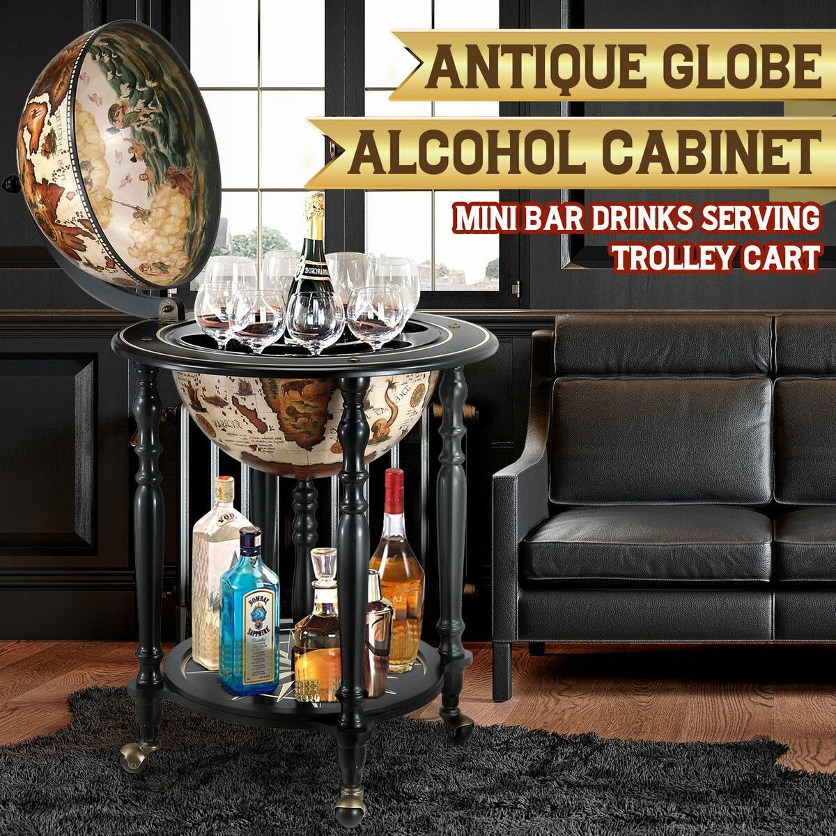 Antique Globe Alcohol Cabinet Round Mini Bar Drinks Serving Trolley Cart Wine Rack Mid-century