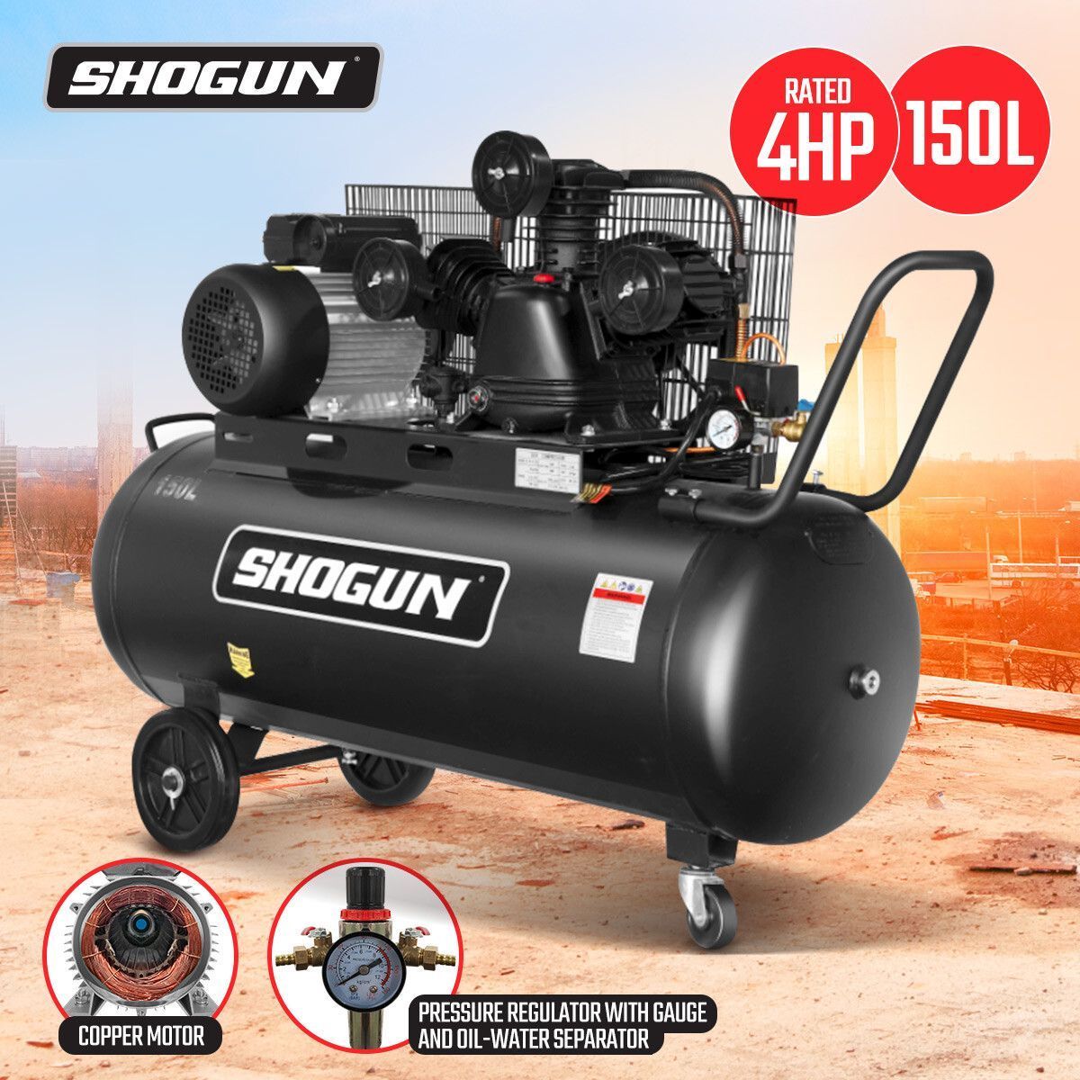 Portable Rated 4HP Air Compressor 150L Tank Belt Drive Inflator Electric Copper Pump