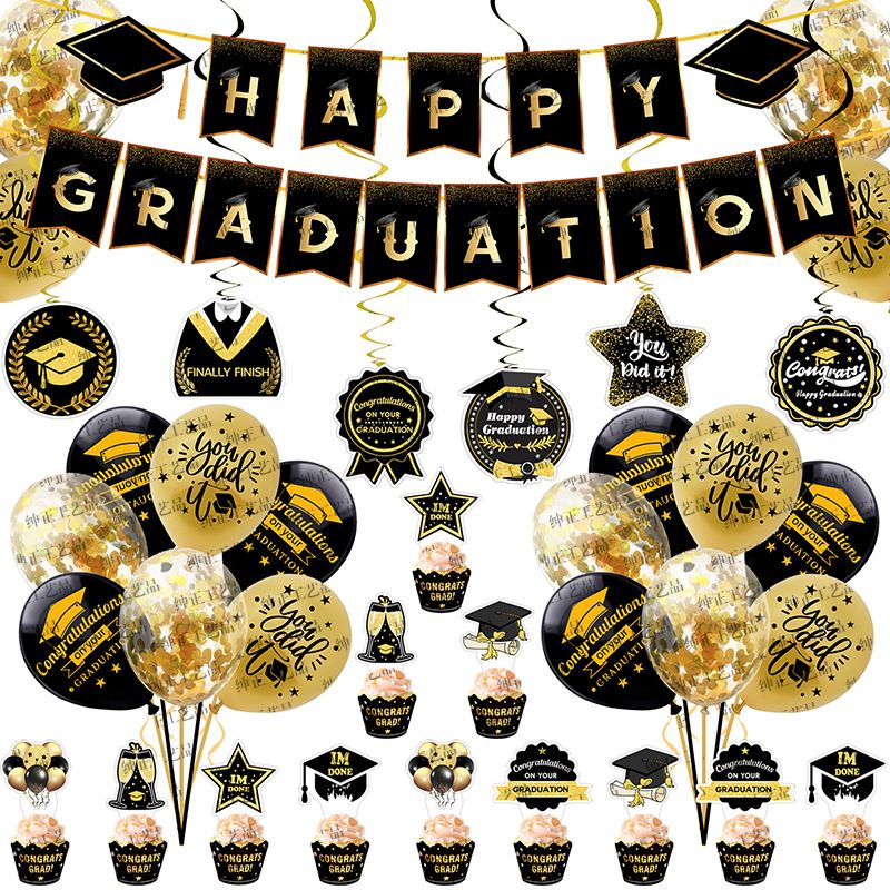 45pcs Class of 2022 Graduation DecorationsBackdrop Banner Balloon Black and Gold Confetti Party Supplies
