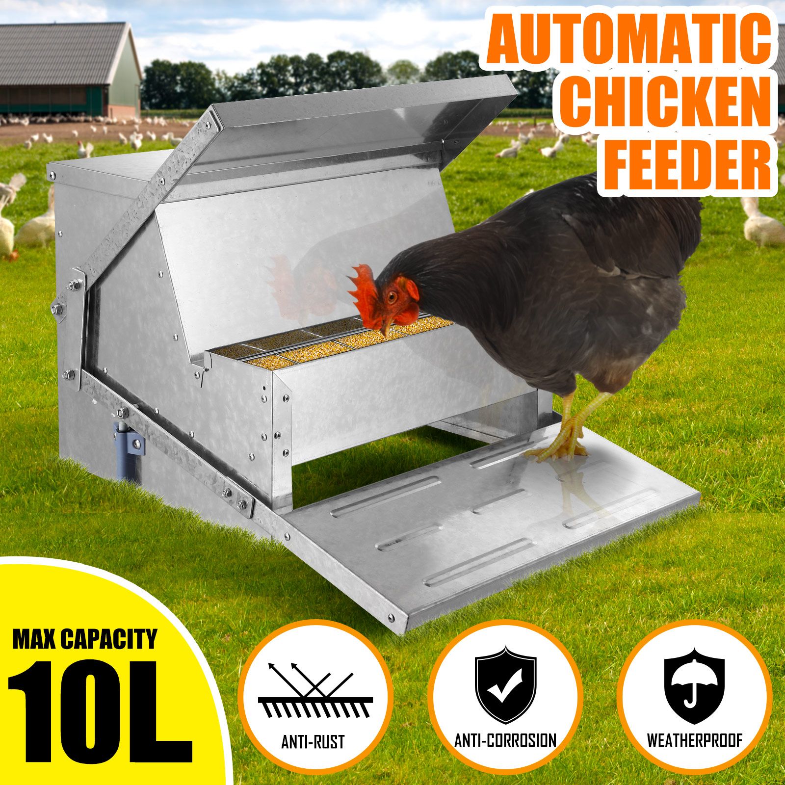 10L Auto Chicken Feeder Automatic Poultry Chook Food Feeding Treadle