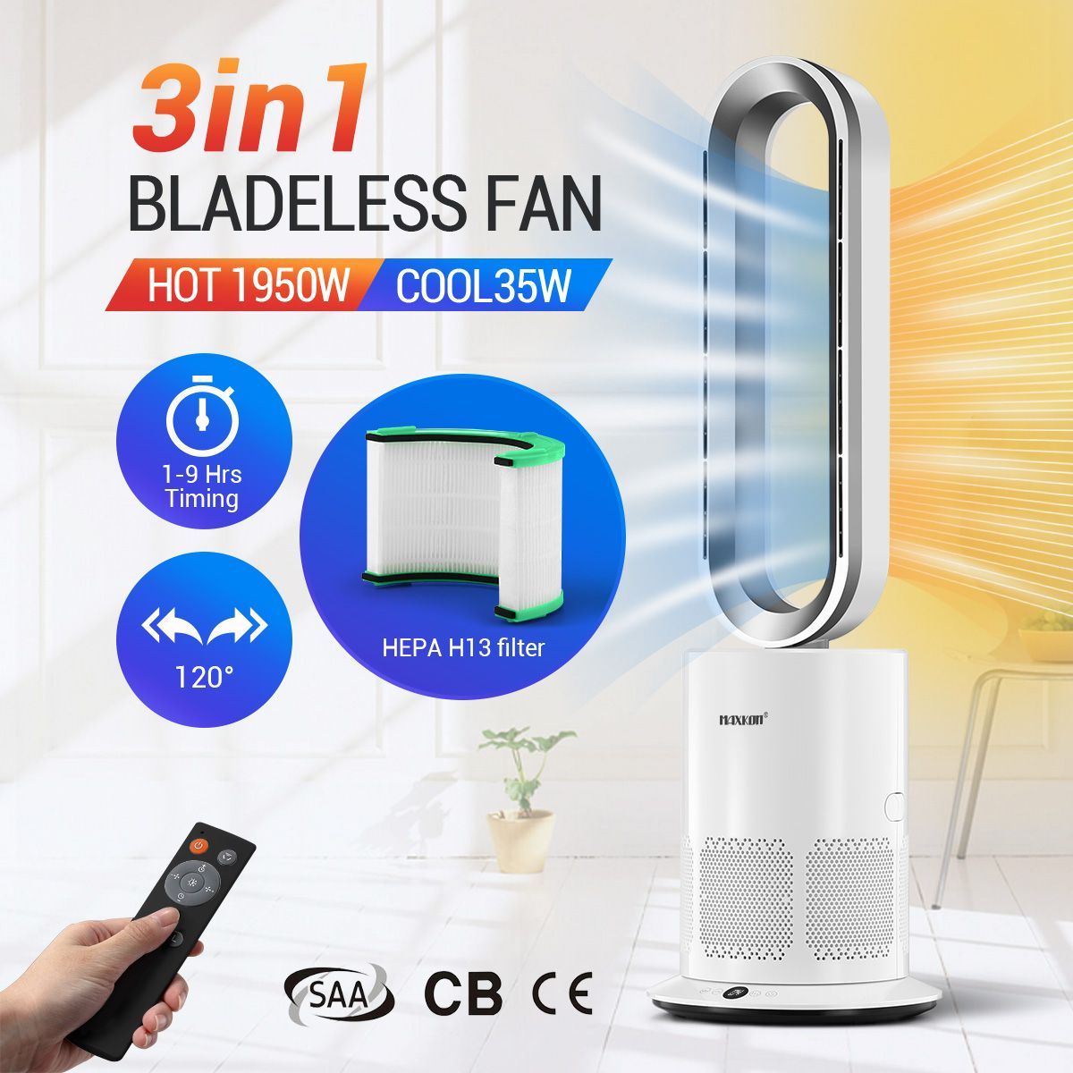 3 in 1 Electric Bladeless Fan Cool Air Hot Heater HEPA Filter Purifier Timer Remote Control Oscillation